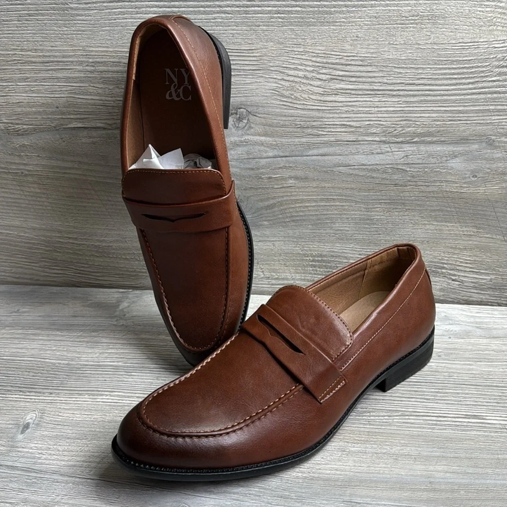 NWOT NY&C Men's Brown Leather Like dress Loafers size 13